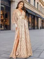 Elegant champagne gold sequin mesh evening gown featuring a deep V-neck and high slit design - S / Dresses / Light gold