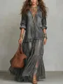Bohemian vintage lapel faux denim maxi dress featuring a layered skirt and pocket detail. - S / Dresses / Dark Gray