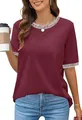 Detail of burgundy short-sleeved T-shirt with contrast striped ribbed crew neck design - Burgundy