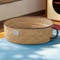 Round hand-woven straw cat bed basket with brown fabric rim and soft pet sleeping mat - S / Tea Cup Nest Style / 35x13cm