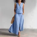 Elegant light blue cotton-linen blend V-neck sleeveless top and long skirt two-piece set - S / Top And Bottom (YK957) / Blue