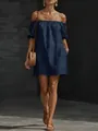 High-quality detail of a loose navy blue cotton linen off-the-shoulder summer mini dress. - Navy Blue