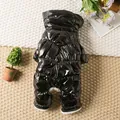Back view of a glossy black four-legged winter dog jumpsuit on a neutral rug. - XS / Black