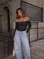 Sexy black off-shoulder long sleeve bodysuit with sparkling sequin bust detail - S / Tops / Black