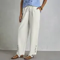 Off-white cotton linen drawstring casual pants for women with decorative button details - S / Bottoms / White