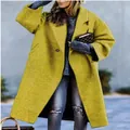 Oversized mustard yellow long woolen coat for women featuring a classic lapel design - Yellow