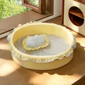 Comfortable yellow round pet bed with floral cushion and ruffled lace edge detail - S (40x33x11cm) / Sponge Style / Lemon Yellow Floral