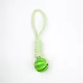 Green rubber dog molar toy ball with durable woven rope handle for teeth cleaning and play - Total Length 25cm * Ball Diameter 5cm / Green