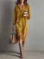 Casual ochre corduroy long-sleeve shirt dress with relaxed fit and lapel collar - S / Dresses / Orange