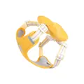 Cute yellow dog harness vest featuring a plush bow decoration and pink striped straps - Yellow / S
