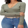 Slim fit olive green ribbed V-neck long sleeve T-shirt for women casual basic top - S / Tops / Army Green