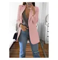 Detail view showing the fit and pink fabric of a slim-fit women's open-front blazer. - S / Tops / Pink
