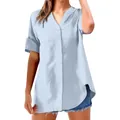 Casual lichtblauwe damesblouse met korte mouwen, opstaande kraag en knoopsluiting. - 3XL / Tops / Beige