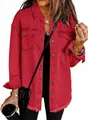 Fashionable red washed denim shirt jacket for women with frayed hem and chest pockets - Red