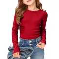 Close-up detail of girls red ribbed long sleeve T-shirt with comfortable elastic fit - S / Tops / Red