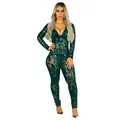 Close-up of dark green sequined jumpsuit with sheer mesh and deep V-neck - XL / Set / Dark Green