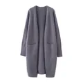 Classic grey mid-length thick knit open front cardigan sweater with pockets for women - One Size / Tops / Gray