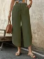 Women's casual olive green cotton linen wide-leg cropped pants with drawstring waist - S / Bottoms / Army Green