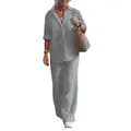 Casual women's two-piece set featuring gray long-sleeve linen shirt and wide-leg pants. - Light Gray