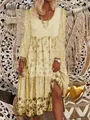 Bohemian style long sleeve floral print maxi dress featuring a tiered skirt design - S / Dresses / Yellow