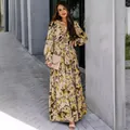 Elegant floral print long-sleeve maxi dress with V-neckline and ruffled details - Yellow