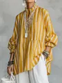 Boho chic yellow and white striped loose blouse with ruffle sleeves and stand collar. - S / Tops / Yellow