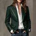 Detail of vintage green wool blazer with intricate floral embroidery on the lapels - 3XL / Tops / Green