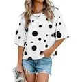 Casual white women's loose T-shirt featuring bold black polka dots and stylish half sleeves - Polka Dot