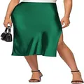 Close-up detail of the elegant side slit and silky texture on this green satin midi skirt - S / Bottoms / Green