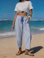 Summer striped linen-look trousers with drawstring and pockets for beach holiday - S / Bottoms / Blue