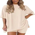 Completo loungewear beige da donna con t-shirt oversize e pantaloncini da ciclista - Albicocca