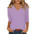 Detail view of women's casual lavender V-neck T-shirt with 3/4 sleeves - Light Purple