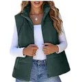 Detail view of dark green corduroy puffer vest for women featuring stand collar and zipper - Green