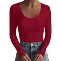 Close-up of red women's ribbed long sleeve T-shirt with slim fit and scoop neck design - S / Tops / Burgundy