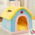Cute semi-enclosed house-shaped plush pet bed for small dogs and cats in yellow and blue - Cherry Cream Villa / Size L (With Blanket)
