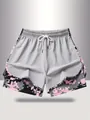 Women's double-layer sports shorts with drawstring waist and pink pixel camo inner - S / Bottoms / Light Gray