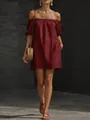 Chic burgundy off-shoulder cotton linen mini dress with puff sleeves and side pockets. - Burgundy