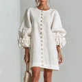 Elegant French cotton linen dress featuring 3D flower cuffs and dramatic lantern sleeves - XS / Dresses / Off White