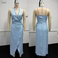 Detailed front and back views of a light blue bohemian halter neck wrap dress for vacation. - Light Blue / XS
