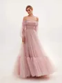 Elegant off-the-shoulder pink tulle gown with long puff sleeves for wedding evening gala - S / Dresses / Pink
