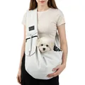 Detail of portable pet sling carrier with breathable fabric and interior check pattern - Fog White