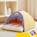 Comfortable semi-enclosed pet tent bed with yellow and blue checkered pattern and soft cushion - S / With Blanket / Cream Plaid