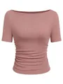 Vooraanzicht van roze geribbeld T-shirt met boothals en gerimpelde details aan de zijkant - S / Tops / T-Shirts / Oudroze