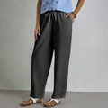 Women's charcoal grey cotton linen casual trousers with drawstring and button hem. - S / Bottoms / Dark Gray