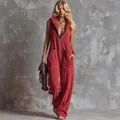 Full length view of a red hooded zip-up sleeveless jumpsuit with pockets. - S / Set (JXJ020) / Dark Red