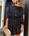 Elegant black sequin mini party dress with waist tie and long sleeves detail - S / Dresses / Black