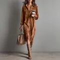 Loose brown corduroy long-sleeved button-down shirt dress with a lapel collar design - S / Dresses / Brown