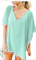 Mint green oversized chiffon beach cover-up tunic with white pom-pom fringe trim - S / Tops / Blue