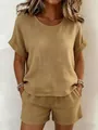 Lässiges zweiteiliges Set für Damen mit Rundhals-Kurzarm-Oberteil und Shorts in Khaki - Khaki
