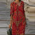Detailed view of women's vintage red and gold paisley print V-neck half sleeve midi dress - S / Dresses / Pattern 18